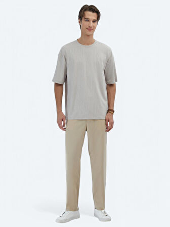Bej Desenli Bisiklet Yaka T-Shirt