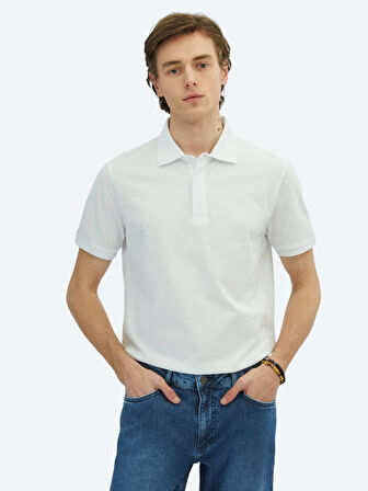 Beyaz Düz Polo Yaka %100 Pamuk T-Shirt