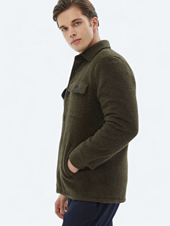 Haki Regular Fit Gömlek Yaka Casual Örme Mont