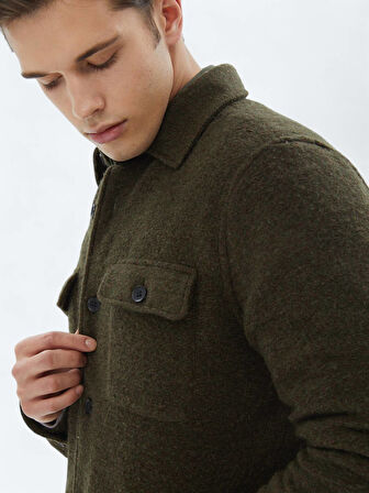 Haki Regular Fit Gömlek Yaka Casual Örme Mont