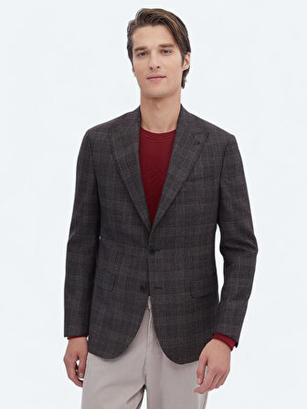 Kahverengi Kareli Slim Fit %100 Yün Ceket