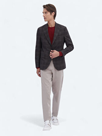 Kahverengi Kareli Slim Fit %100 Yün Ceket