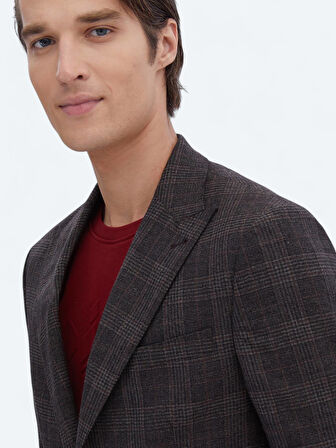 Kahverengi Kareli Slim Fit %100 Yün Ceket