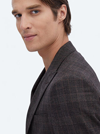 Kahverengi Kareli Slim Fit %100 Yün Ceket