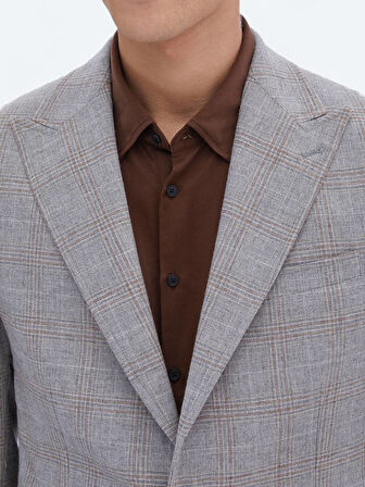 Gri Kareli Slim Fit Yün Karışımlı Ceket
