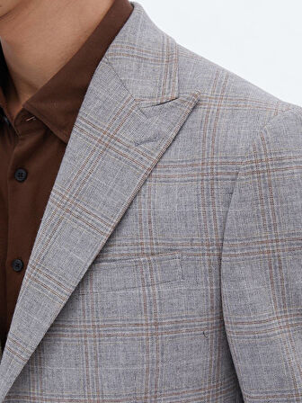 Gri Kareli Slim Fit Yün Karışımlı Ceket