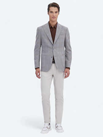 Gri Kareli Slim Fit Yün Karışımlı Ceket
