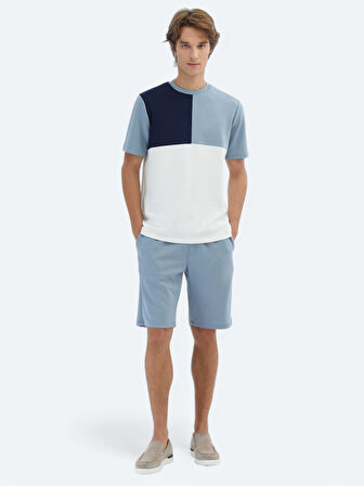 Mavi Düz Bisiklet Yaka T-Shirt