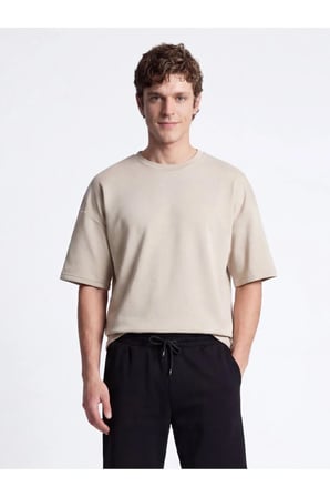 Bej Düz Bisiklet Yaka T-Shirt