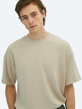 Bej Düz Bisiklet Yaka T-Shirt