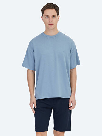 Mavi Düz Bisiklet Yaka T-Shirt