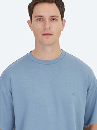 Mavi Düz Bisiklet Yaka T-Shirt