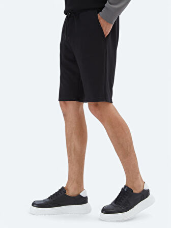 Siyah Düz Örme Jogging Fit Spor Bermuda