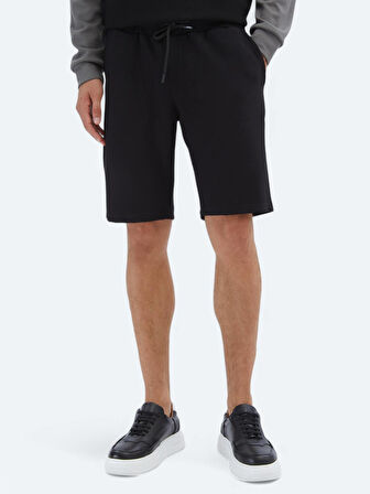 Siyah Düz Örme Jogging Fit Spor Bermuda