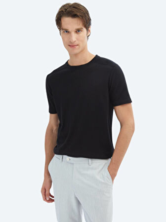 Siyah Bisiklet Yaka Desenli Triko