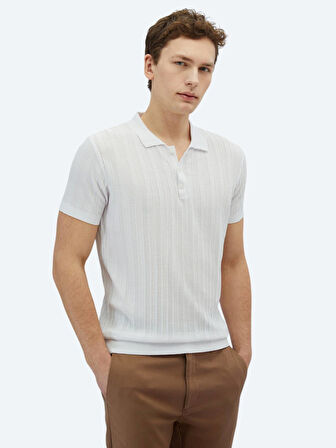 Kırık Beyaz Polo Yaka Desenli Triko