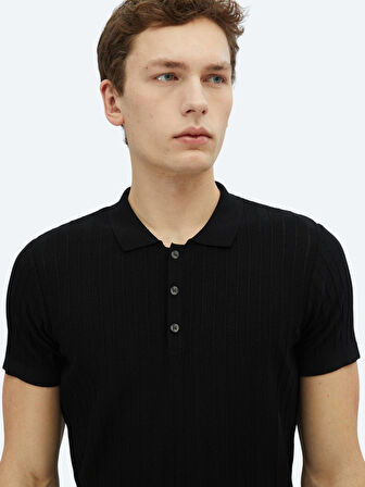 Siyah Polo Yaka Desenli Triko