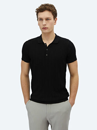 Siyah Polo Yaka Desenli Triko