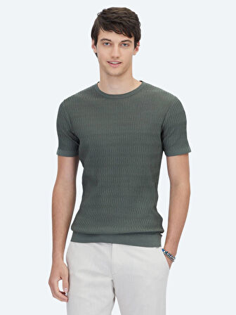 Haki Bisiklet Yaka Desenli Triko