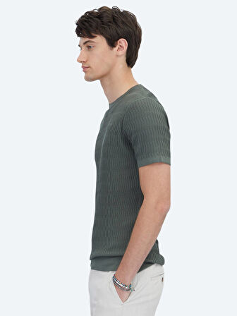 Haki Bisiklet Yaka Desenli Triko