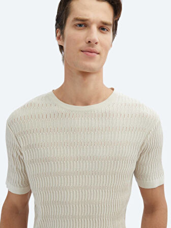 Bej Bisiklet Yaka Desenli Triko