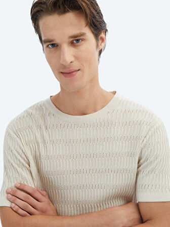 Bej Bisiklet Yaka Desenli Triko