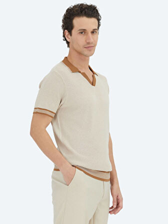 Bej Polo Yaka Desenli Triko