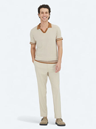 Bej Polo Yaka Desenli Triko