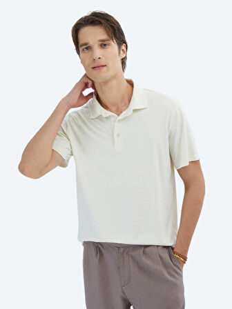 Ekru Düz Çevre Dostu Polo Yaka T-Shirt