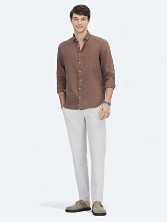 Kahverengi Düz Regular Fit Dokuma Casual Pamuk Karışımlı Gömlek