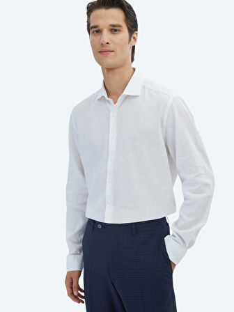 Beyaz Düz Regular Fit Dokuma Casual Pamuk Karışımlı Gömlek