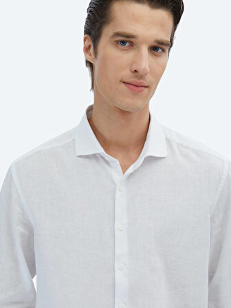 Beyaz Düz Regular Fit Dokuma Casual Pamuk Karışımlı Gömlek