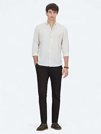 Ekru Düz Regular Fit Dokuma Casual Pamuk Karışımlı Gömlek