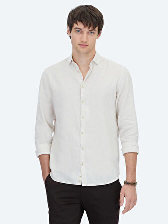 Ekru Düz Regular Fit Dokuma Casual Pamuk Karışımlı Gömlek
