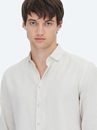 Ekru Düz Regular Fit Dokuma Casual Pamuk Karışımlı Gömlek