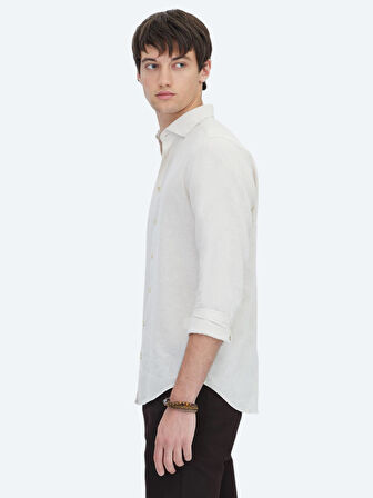 Ekru Düz Regular Fit Dokuma Casual Pamuk Karışımlı Gömlek