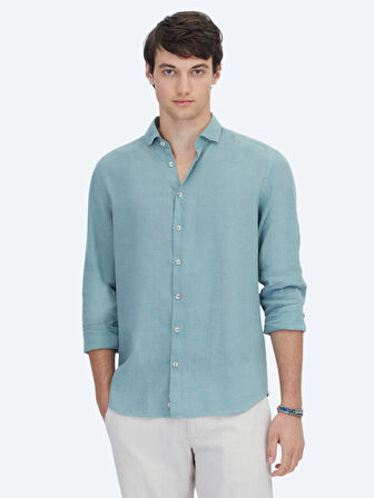 Nil Yeşili Düz Regular Fit Dokuma Casual Pamuk Karışımlı Gömlek