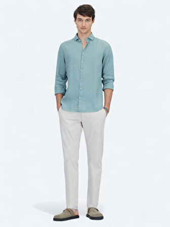 Nil Yeşili Düz Regular Fit Dokuma Casual Pamuk Karışımlı Gömlek
