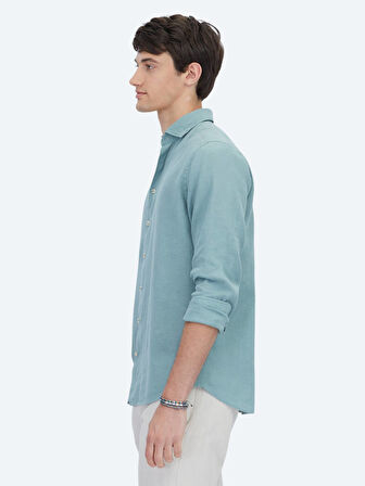 Nil Yeşili Düz Regular Fit Dokuma Casual Pamuk Karışımlı Gömlek