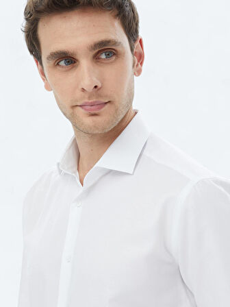 Beyaz Düz Regular Fit Dokuma Klasik Pamuk Karışımlı Gömlek
