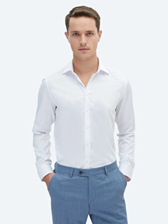 Beyaz Düz Slim Fit Dokuma Klasik %100 Pamuk Gömlek