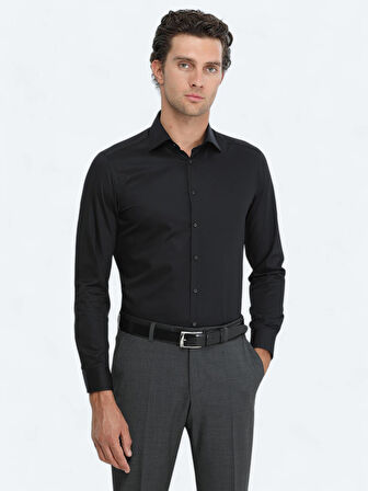Siyah Düz Slim Fit Dokuma Klasik %100 Pamuk Gömlek