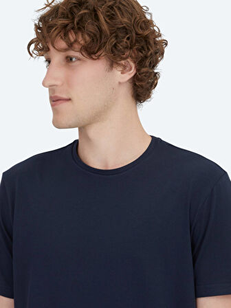 Lacivert Düz Bisiklet Yaka Pamuk Karışımlı T-Shirt