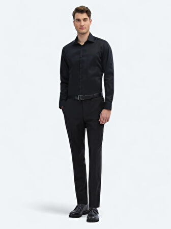 Siyah Düz Slim Fit Dokuma Klasik %100 Pamuk Gömlek