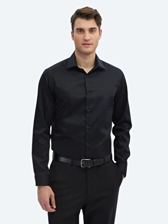 Siyah Düz Slim Fit Dokuma Klasik %100 Pamuk Gömlek