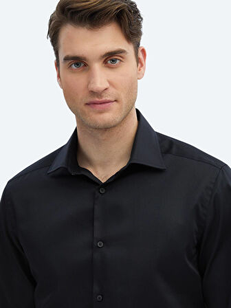 Siyah Düz Slim Fit Dokuma Klasik %100 Pamuk Gömlek