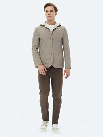 Bej Regular Fit Kapüşonlu Casual Örme Mont