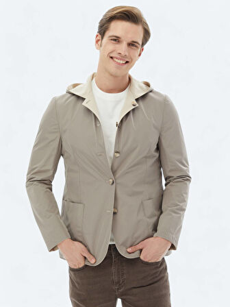 Bej Regular Fit Kapüşonlu Casual Örme Mont