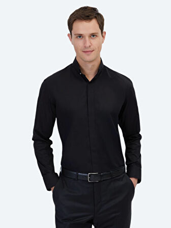 Siyah Regular Fit Dokuma Klasik %100 Pamuk Gömlek