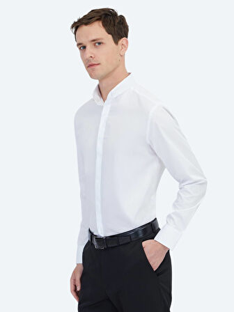 Beyaz Regular Fit Dokuma Klasik %100 Pamuk Gömlek
